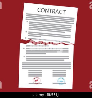 Agreement cancellation, torn paper sign.  Contract liquidation concept Stock Vector