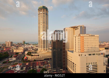 Sunset view of Komtar Tower, landmark of George Town, Penang, Malaysia Stock Photo