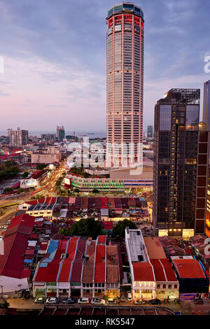 Sunset view of Komtar Tower, landmark of George Town, Penang, Malaysia Stock Photo