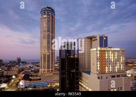 Sunset view of Komtar Tower, landmark of George Town, Penang, Malaysia Stock Photo