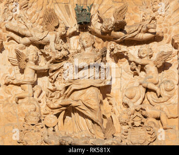 PALMA DE MALLORCA, SPAIN - JANUARY 27, 2019: The statue of Immaculate Conception on the baroque portal of church Iglesia de San Francisco by Pere Horr Stock Photo