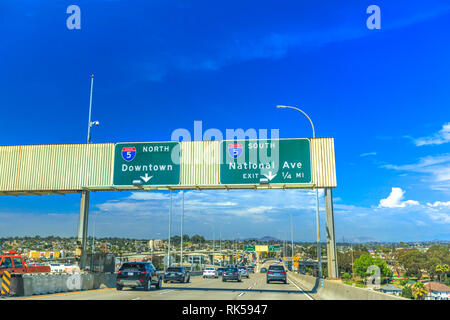 San Diego, California, United States - July 31, 2018: Coronado Bridge highway road sign of North or South Interstate 5. Direction road sign with San Stock Photo