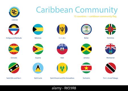 Caribbean Community member flags vector icon set. Round flag buttons of CARICOM Stock Vector