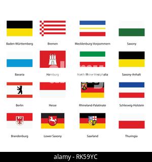 Emblems, flags of german federal lands,state isolated with names text Stock Vector