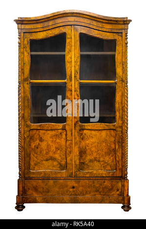 Old antique bookcase walnut with books isolated on white with clip path Stock Photo