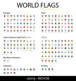 Vector icon set, collection round world flags. Europe, Asia, Africa, Northern and Latin America, Australia Stock Vector