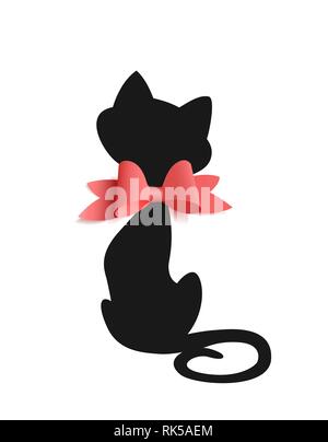 Silhouette of black cat with red bow on white background. Vector illustration. Stock Vector