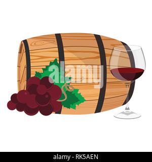 Vector illustration wineglass with red wine,  red grapes on wooden barrel with wine isolated on white Stock Vector