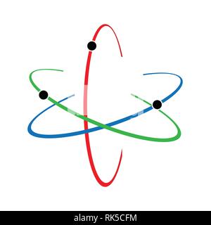 Atom icon. Vector illustration. Symbol of science, education, nuclear physics, scientific research. Three electrons rotate in orbits around atomic nuc Stock Vector