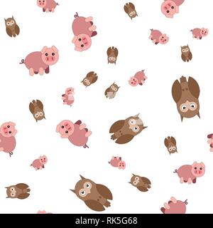 Seamless pattern made of pig and owls. Vector illustration in cartoon style. Stock Vector