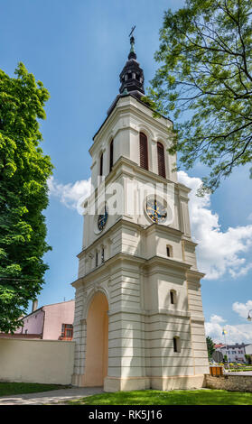 Neo-baroque bell tower at Collegiate Church in thermal spa town of Uniejow in Wielkopolska or Greater Poland region, Poland Stock Photo