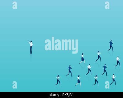 Visionary concept. Vector of an outsider businessman looking in opposite to crowd direction Stock Vector