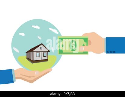 Vector of hands with dollar money and a house. Real estate banner concept Stock Vector