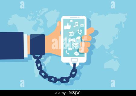 Smartphone and modern technology addiction concept. Vector of a business man hand chained to the phone with multiple social media icons Stock Vector