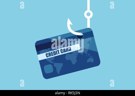 Financial data phishing concept. Vector of a credit or debit bank card on a fishing hook. Stock Vector
