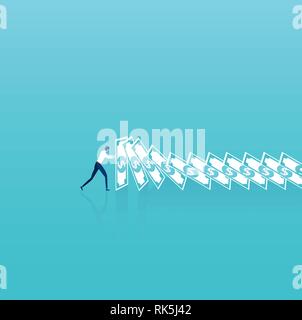 Financial default and insurance concept. Vector of a business man trying to stop falling domino made of dollar banknotes Stock Vector