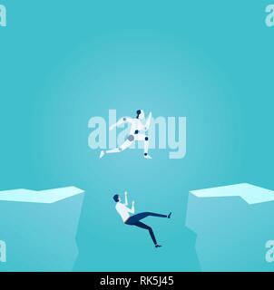 Artificial intelligence and modern technology advantage concept. Vector of a robot jumping over gap overcoming challenges and businessman falling down Stock Vector