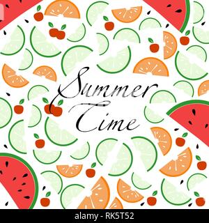 Vector background and text about summer time, fruit slices, berries, splashes of juice. Site cover, banner, poster, advertisement Stock Vector