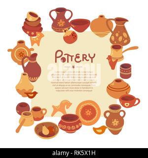 Pottery wheel, potter, clay horse, and other ceramic products in the icon set in flat style. Pottery workshop, ceramics classes banner illustration. Vector line icon of clay studio tools. Stock Vector