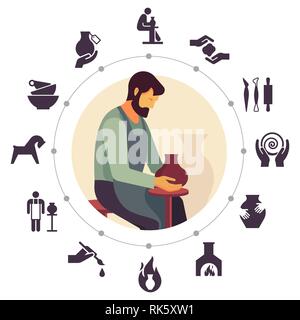 Ceramic dishes set and craft. Vector icon set of various kitchenware on the background. Pottery isolated line icons and vector illustration. Stock Vector