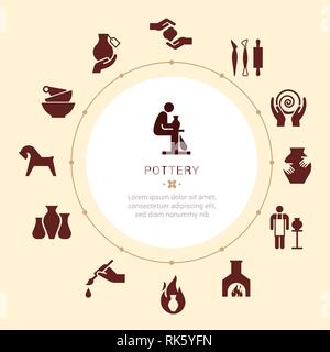 Pottery isolated line icons and vector illustration. Ceramic dishes set and craft. Vector icon set of various kitchenware on the background. The ancient craft. Tools and pottery. Stock Vector
