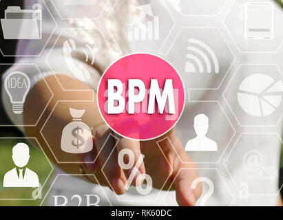 Businesswoman pushes a button BPM, Business Process Management on the touch screen Stock Photo