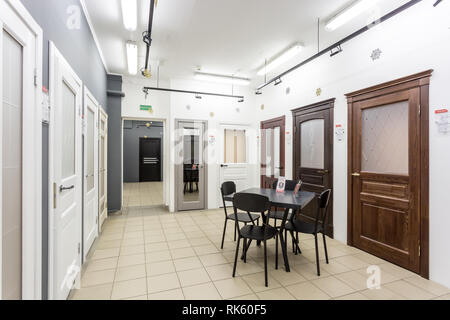 GRODNO, BELARUS - JANUARY, 2019: panorama view in interior of modern shop of doors and door hardware for loft apartments Stock Photo