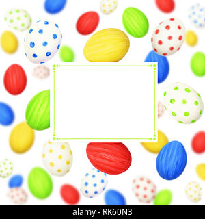 Cololrful Easter eggs scattered on white background and a card Stock Photo