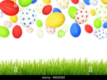 Cololrful Easter eggs falling at green grass on white background Stock Photo