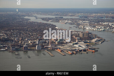 Aerial view of the Staten Island ferry terminal, Staten Island, New York, NY, USA, General View GV Stock Photo