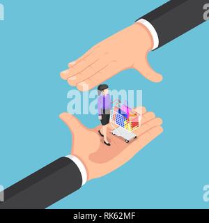 Flat 3d isometric businessman hands protecting the customer and shopping cart. Customer retention concept. Stock Vector
