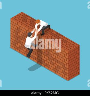 Flat 3d isometric businessman help his friend to climbing up a brick wall. Teamwork concept. Stock Vector