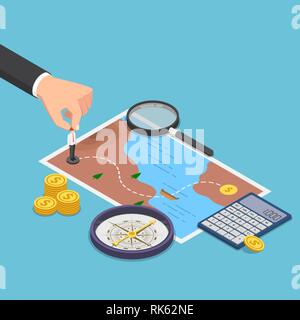 Flat 3d isometric businessman planning the way to success on treasure map with compass, calculator, magnifying glass. Business planning concept. Stock Vector