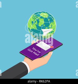 Flat 3d isometric businessman received email on smartphone with paper airplane flying around the world. Email marketing concept. Stock Vector