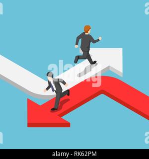 Flat 3d isometric businessman running on the different arrow in the opposite direction. Different business way concept. Stock Vector