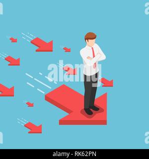 Flat 3d isometric businessman standing on red arrow with his arms crossed. Leadership and business success concept. Stock Vector