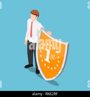 Flat 3d isometric businessman standing with winner shield. Outstanding employee and career success concept. Stock Vector
