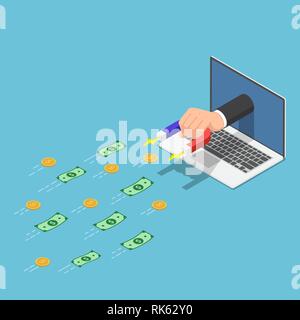 Flat 3d isometric Hand holding a magnet appeared from laptop monitor and attracting money. Digital and online marketing concept. Stock Vector