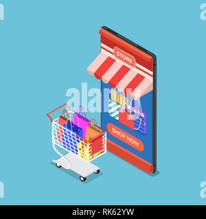 Falt 3d isometric online store on smartphone with cart and shopping bag. Online shopping concept. Stock Vector