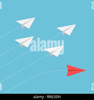 Flat 3d isometric red paper airplane changing direction from the group. Stand out from the crowd and think different concept. Stock Vector