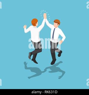 Flat 3d isometric two businessmen jumping and giving high five in the air. Business success celebration concept. Stock Vector