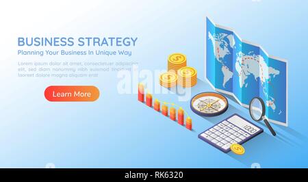 3d isometric web banner business planning strategy on world map with accessories and graph. Business planning and strategy concept landing page. Stock Vector