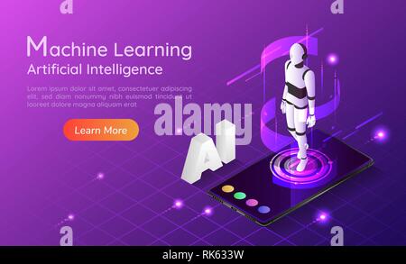3d isometric web banner personal assistant AI robot on smartphone. Artificial intelligence and machine learning concept landing page. Stock Vector