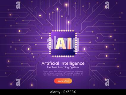Web banner Artificial Intelligence AI chip on computer circuit board. AI and Machine learning concept landing page. Stock Vector