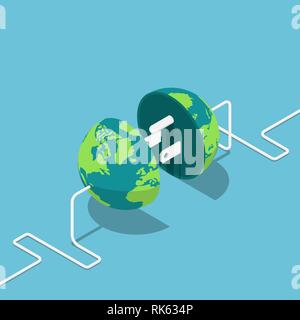 Flat 3d isometric earth globe as a plug and socket connected together. Global internet communication and network connection concept. Stock Vector