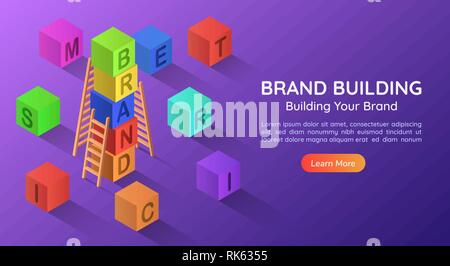 3d isometric web banner alphabet block combined a BRAND word in a row. Brand building concept landing page. Stock Vector