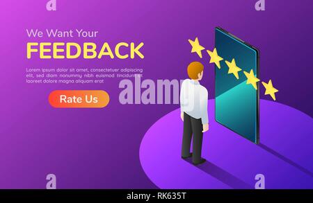 3d isometric web banner businessman with phone and five star feedback. Customer satisfaction and feedback concept landing page. Stock Vector