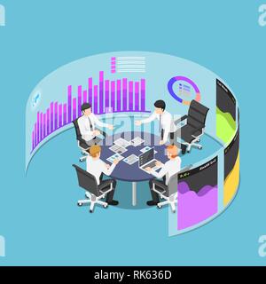 Flat 3d isometric business team in conference event with marketing and financial data in virtual reality board. Teamwork and brainstorm in business co Stock Vector