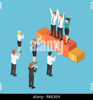 Flat 3d isometric business team on the winner podium and raising hand together. Teamwork concept. Stock Vector