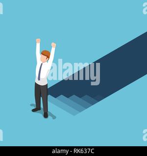 Flat 3d isometric businessman climbed up from underground to the top of the stairs. Effort and ambitions concept. Stock Vector